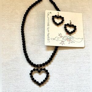 Black Beaded Heart Necklace & Earrings Set